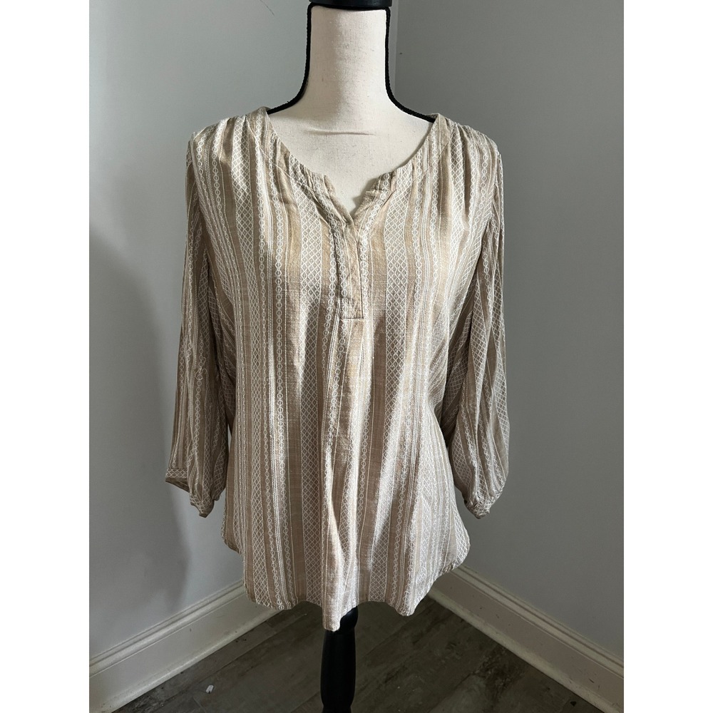 Tan Embroidered Tunic Top Small White Striped Boho Chic Coastal Grandma Shirt